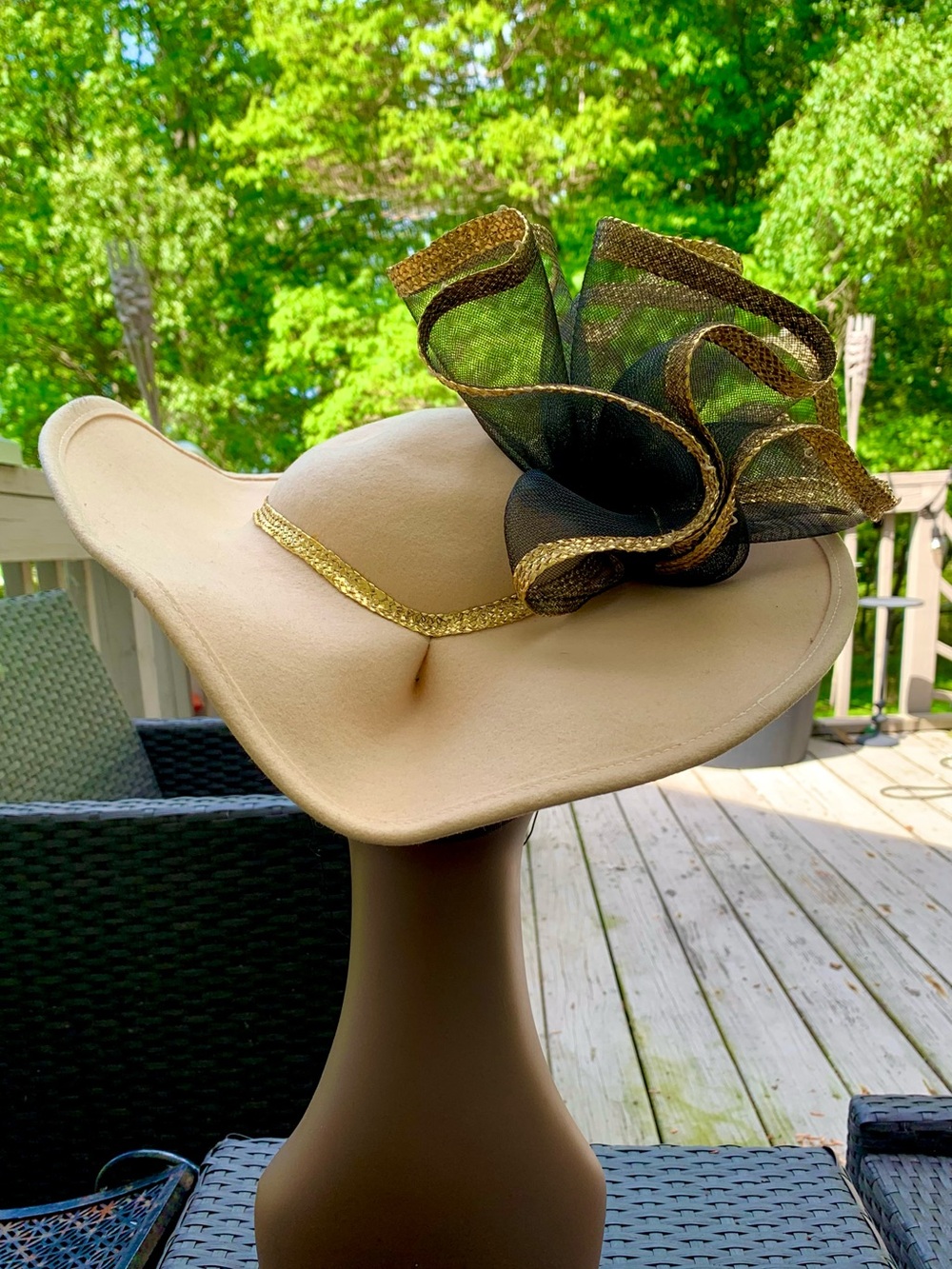 Beige Wide-Brim Dress Hat with Black & Gold Bow Accent - Picture 13 of 14